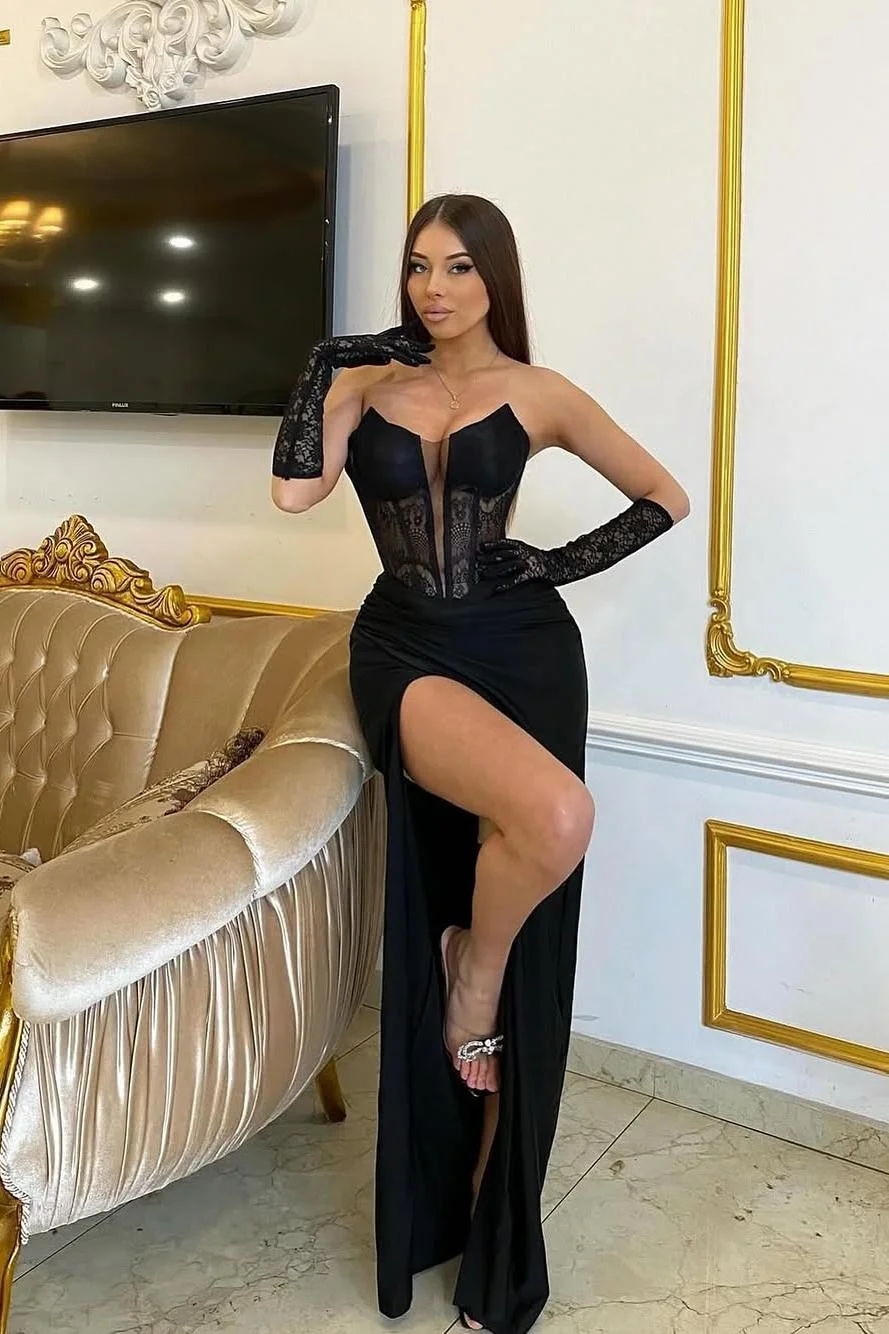 Miabel Exquiste Black Satin Strapless Sleeveless Lace Long Split Prom Dress with Gloves 