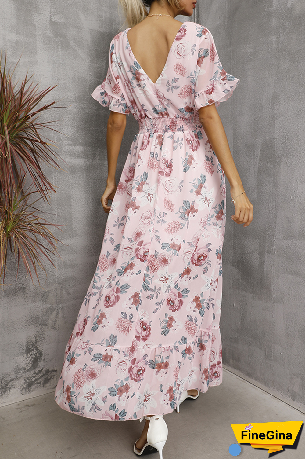 Elegant Floral Split Joint Flounce V Neck Waist Skirt Dresses(4 Colors)