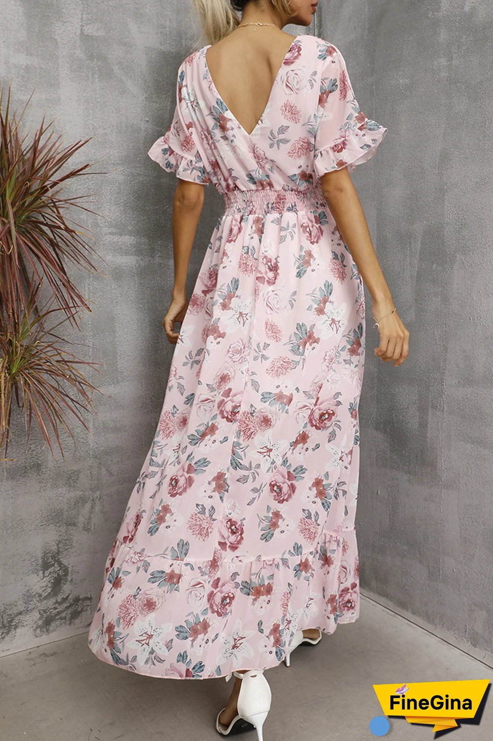 Elegant Floral Split Joint Flounce V Neck Waist Skirt Dresses(4 Colors)