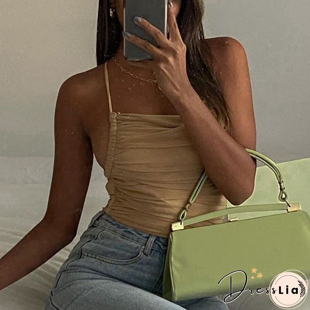 Sleeveless Chic Fashion Mesh Ruched Halter Bodysuit Women Female Tie Up Backless Body Suit Feminino Top Streetwear