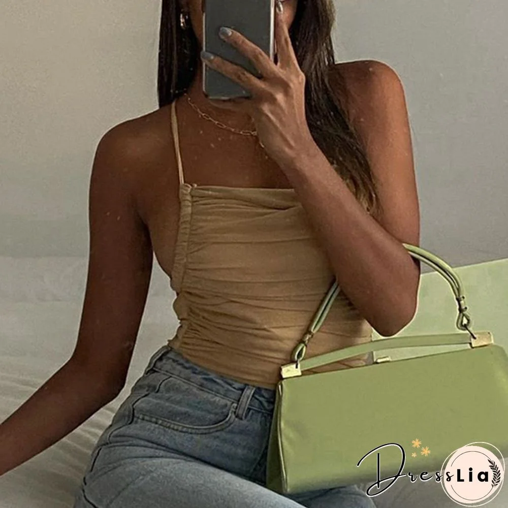 Sleeveless Chic Fashion Mesh Ruched Halter Bodysuit Women Female Tie Up Backless Body Suit Feminino Top Streetwear