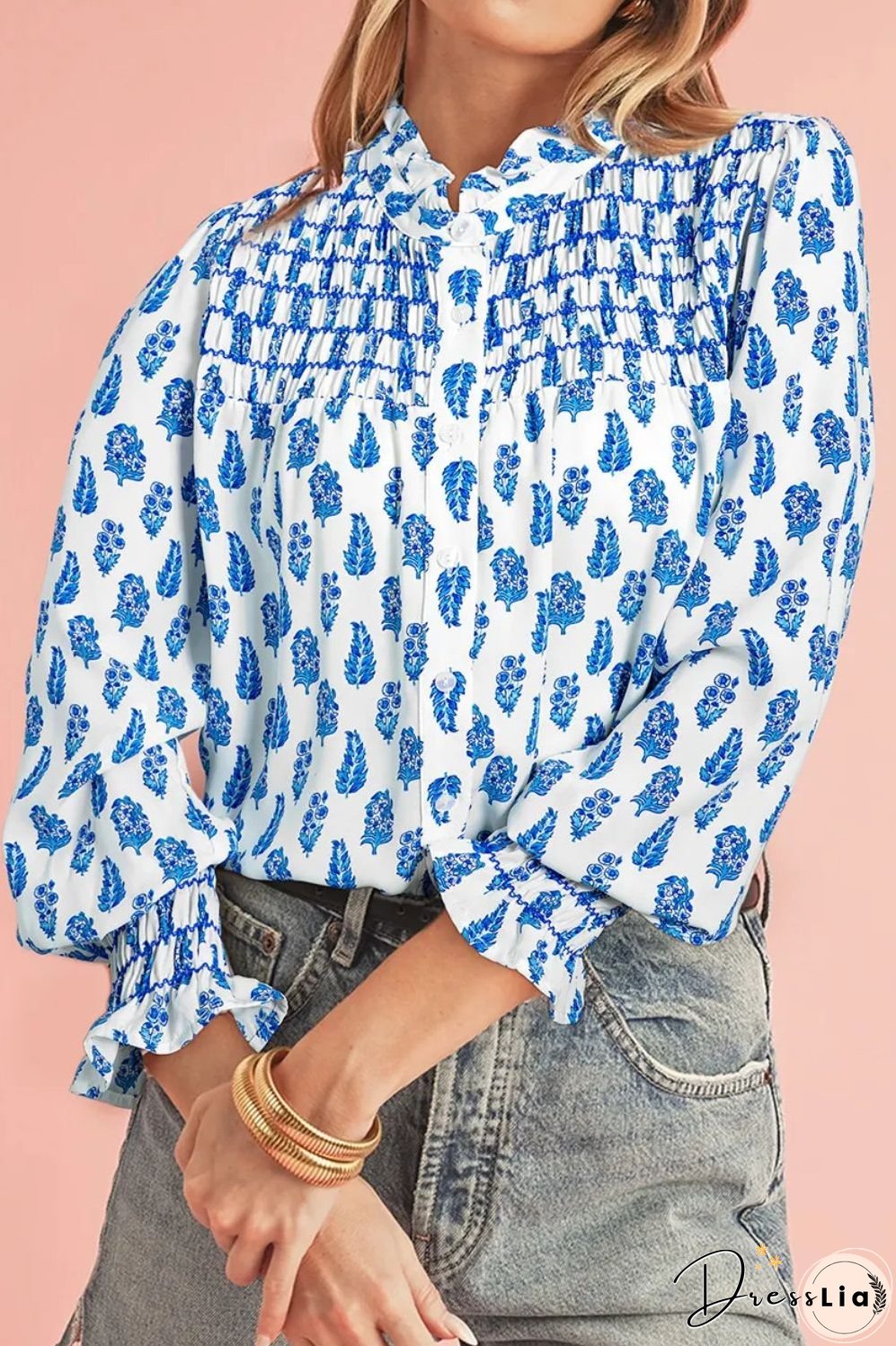 Frill Printed Button Up Long Sleeve Shirt