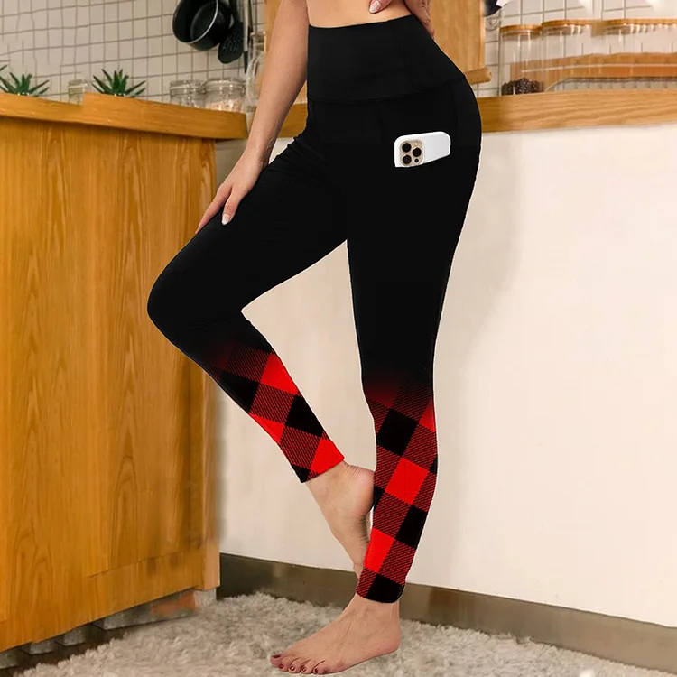 Comstylish Women's Vintage Plaid Print Slim Leggings
