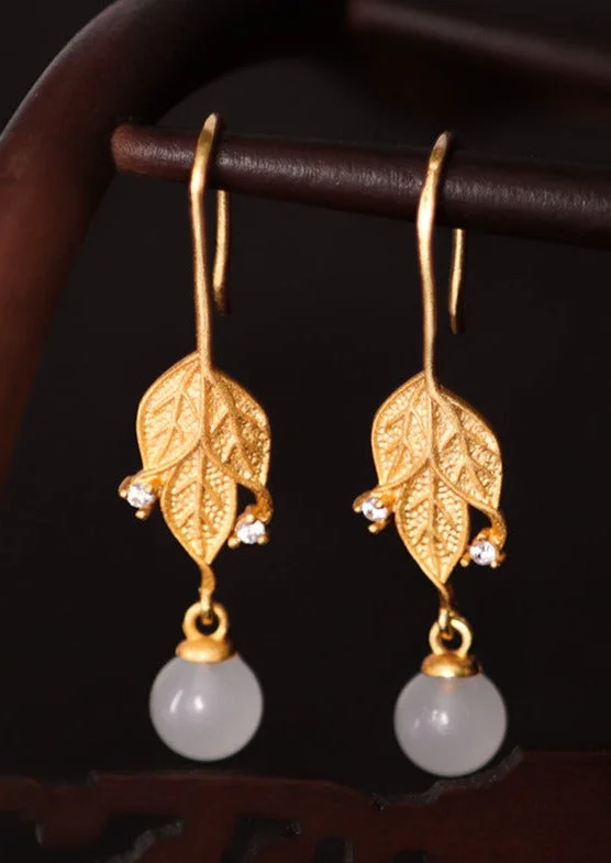 Handmade White Tree Leaves Zircon Jade Drop Earrings