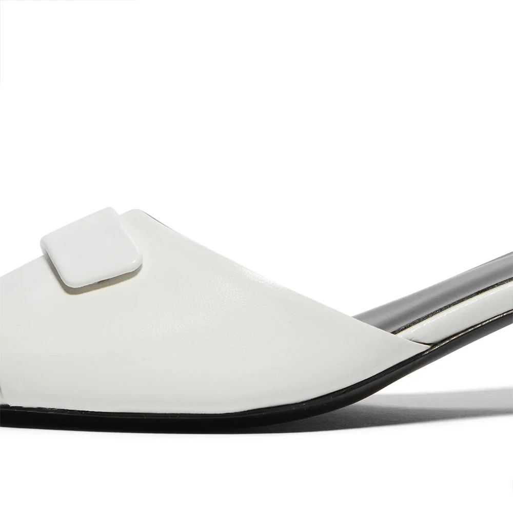 White Vegan Leather Wide Strap Square Toe Cone Heel Mules Shoes