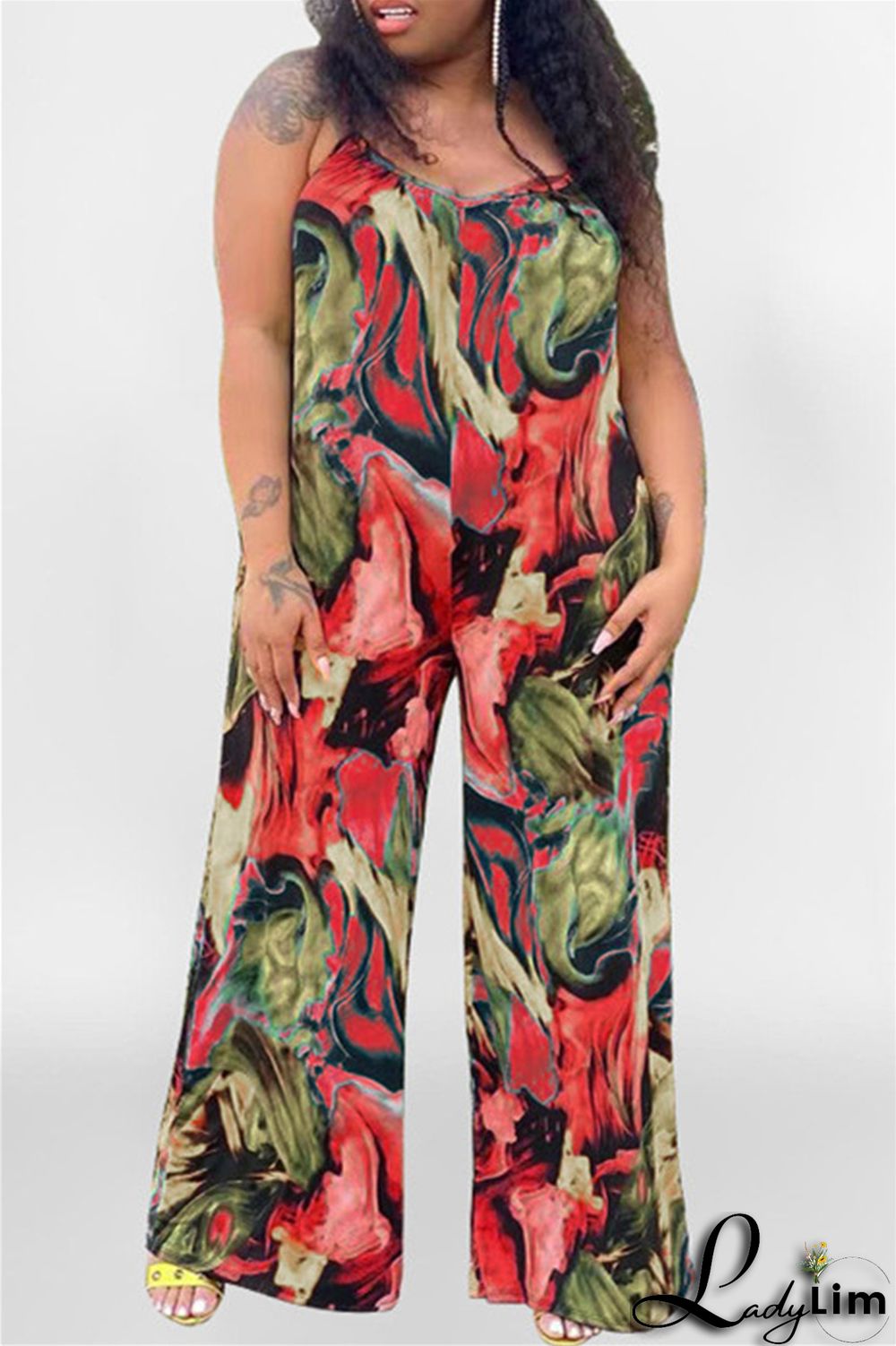 Coffee Sexy Casual Print Backless Spaghetti Strap Plus Size Jumpsuits