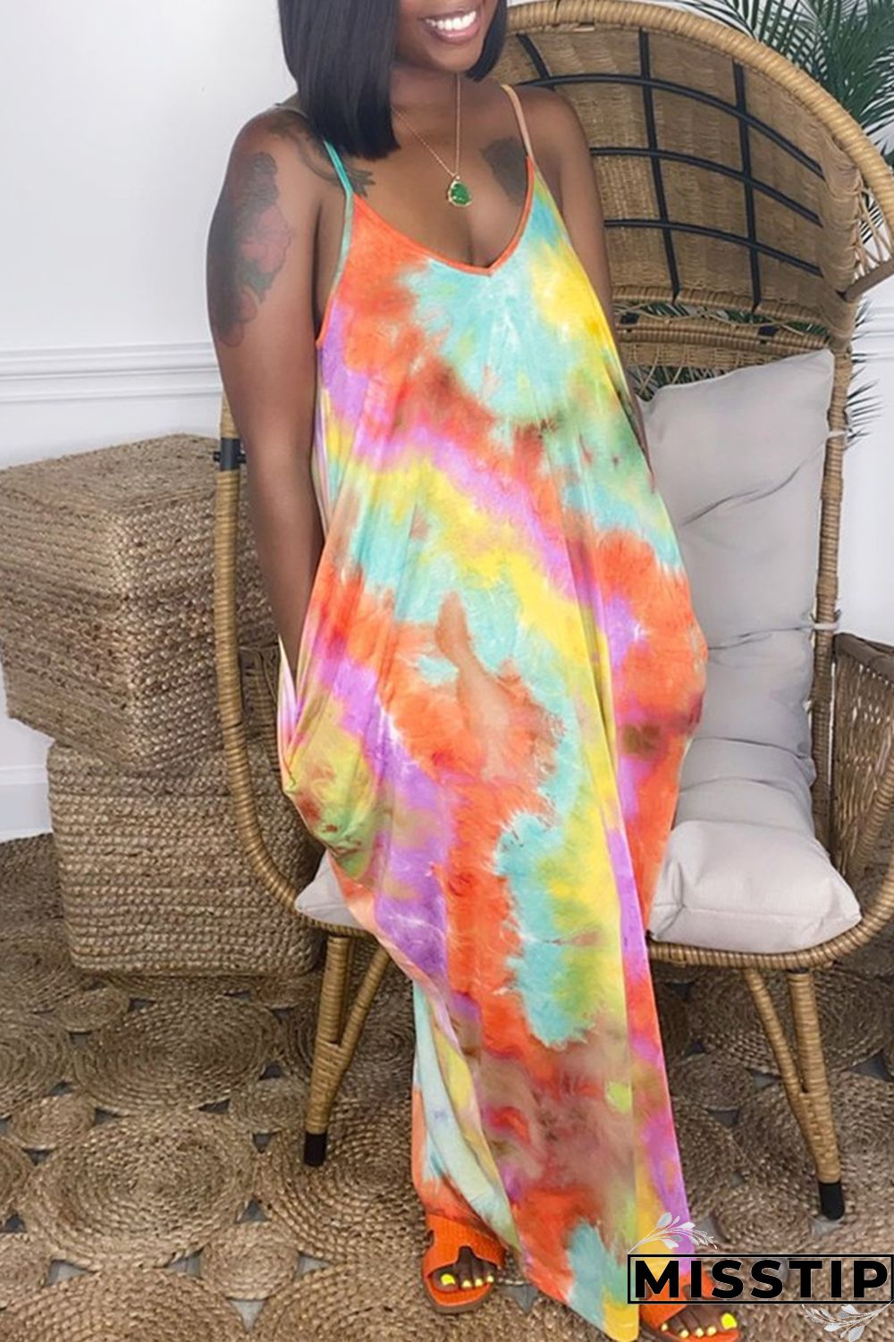 Orange Fashion Sexy Tie Dye Printing Spaghetti Strap Sleeveless Dress