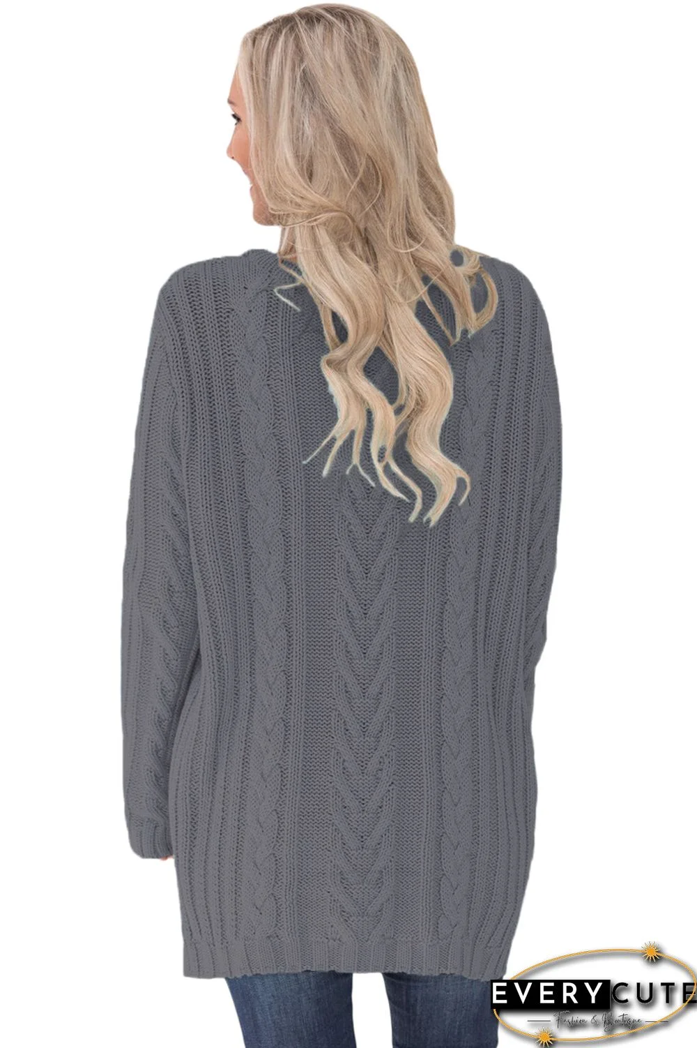 Gray Button the Deep V Front Cable Sweater Cardigan