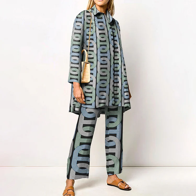 Lapel Colored Chain Print Two Piece Set