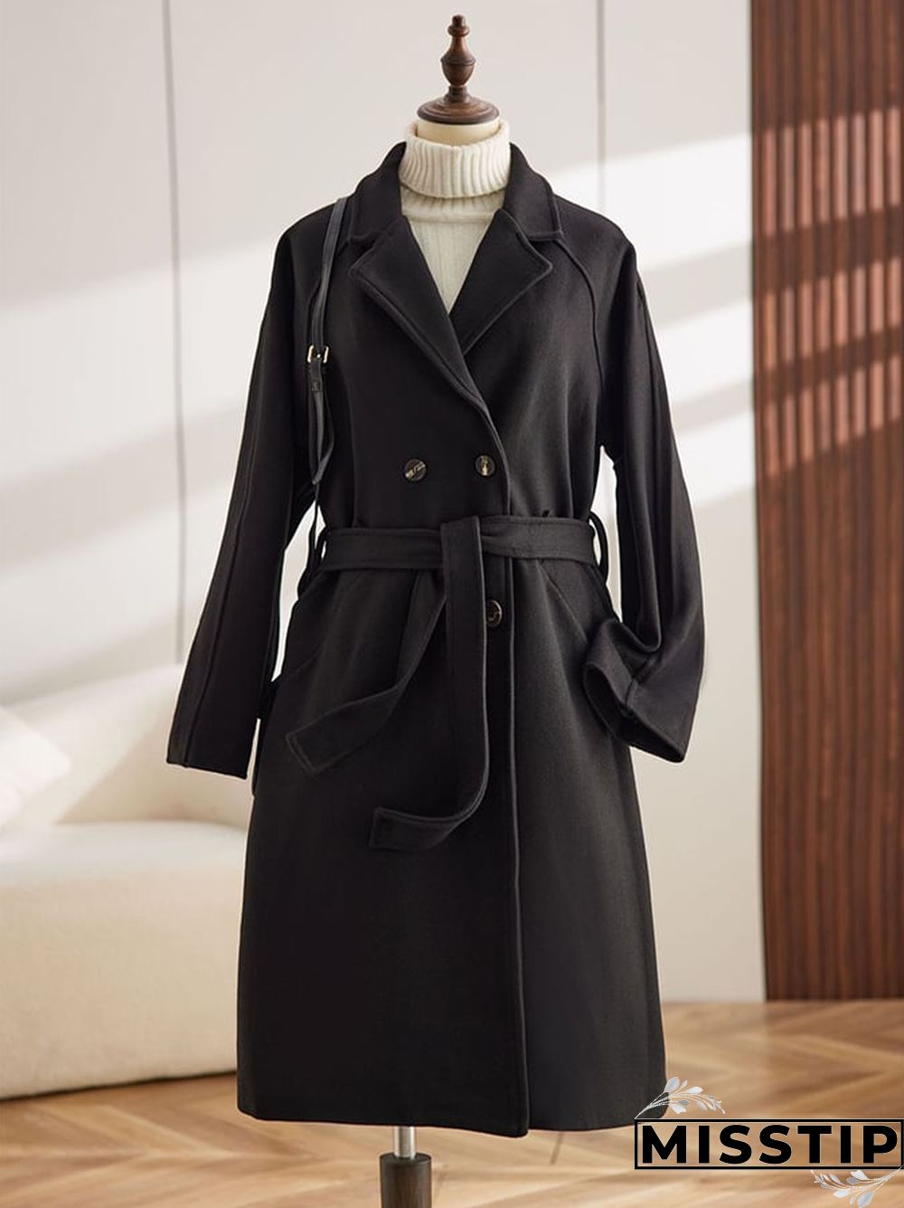 Women's Fashion Loose Tie Waist Pea Coat with Belt