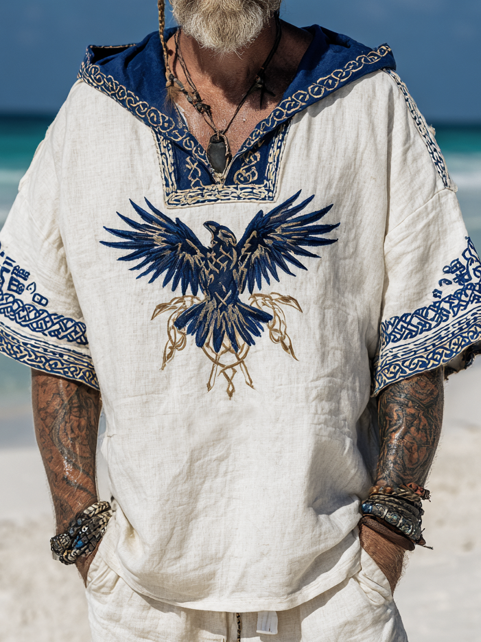 Men's Viking Inspired Raven Totem Two-Tone Short Sleeve Hoodie / Rvogue / Rvogue