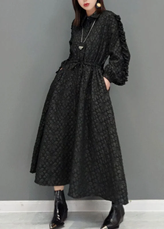 Plus Size Black tie waist Peter Pan Collar Jacquard long Dress