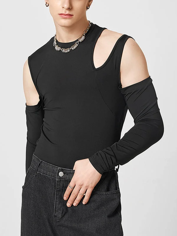 Aonga - Mens Solid Cutout Long Sleeve T-shirt J