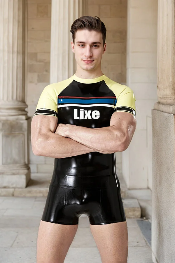 Men's Black Latex Tops Male T-Shirt Multiple color stripes Top
