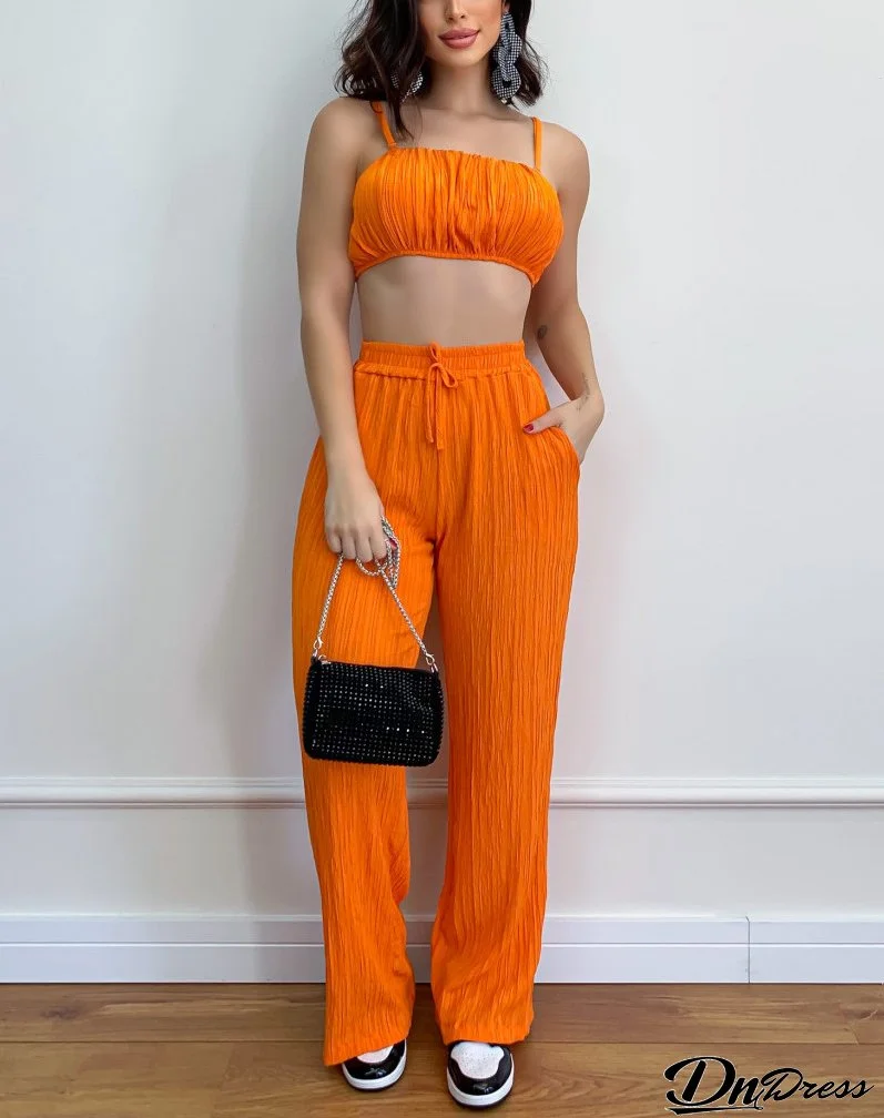 Women Summer Solid Sleeveless Sexy Suspender Top and Pleated Pants Two-piece Set