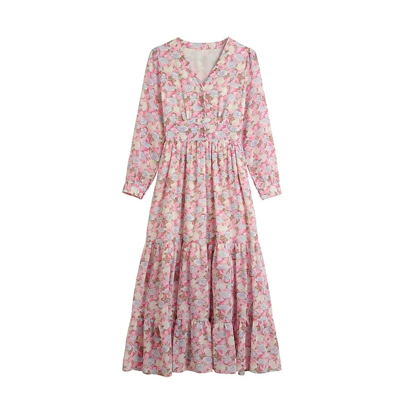 Cherry blossom pink bohemian chiffon dress 2022 spring new sweet Japanese big swing high waist printed V-neck dress female