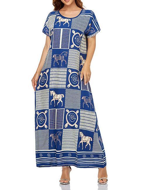 Women's Scoop Neck Short Sleeve Printed Midi Dress