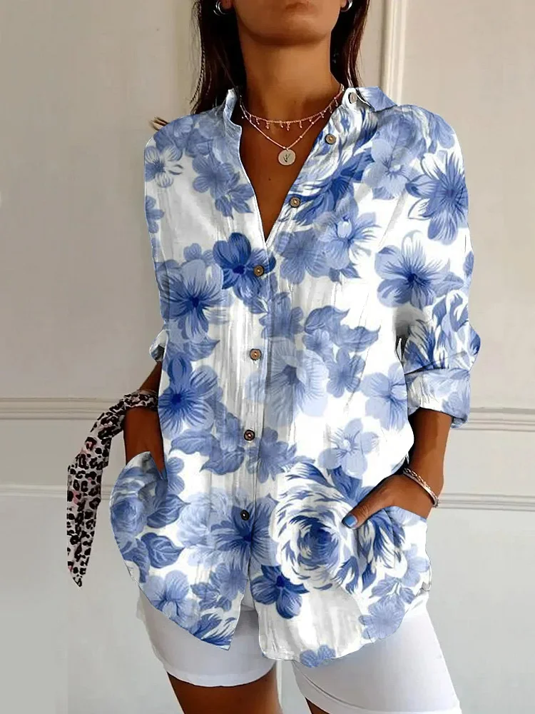 Japanese Classic Flowers Print Casual Long-sleeved Shirt