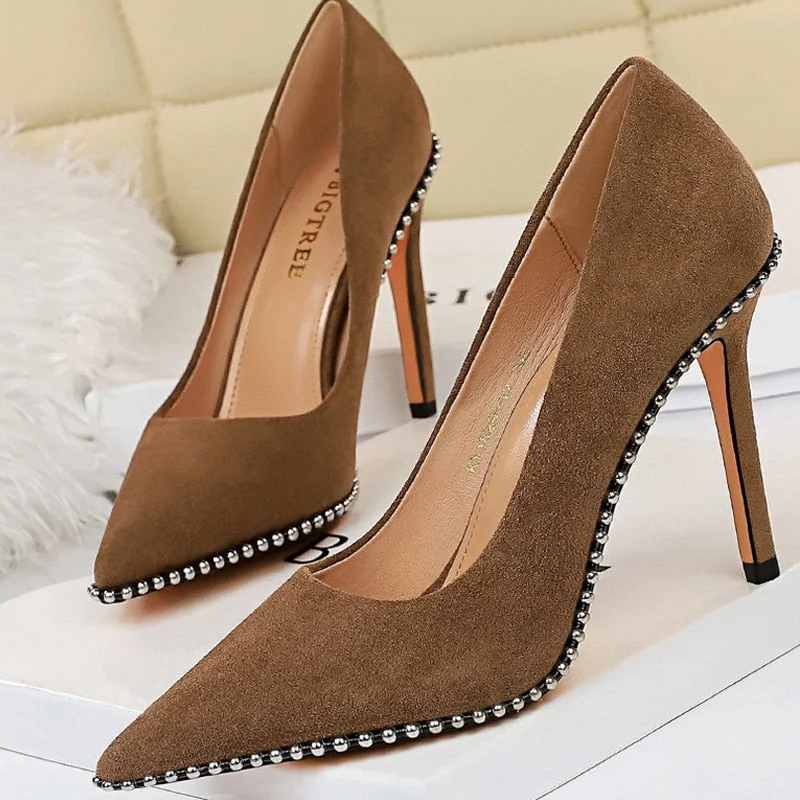 BIGTREE Shoes Black Heels Metal Beads Woman Pumps Suede High Heels Stiletto Wedding Shoes Women Heels Female Plus Size 41 42 43
