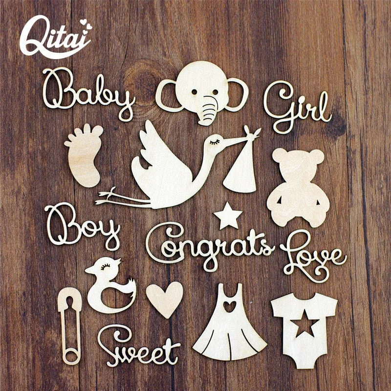 QITAI 40Pcs/pack Wood Crafts DIY Scrapbooking Elephant/swan/foot/star/skirt/Decoration Wooden scrapbook Home Decoration WF299