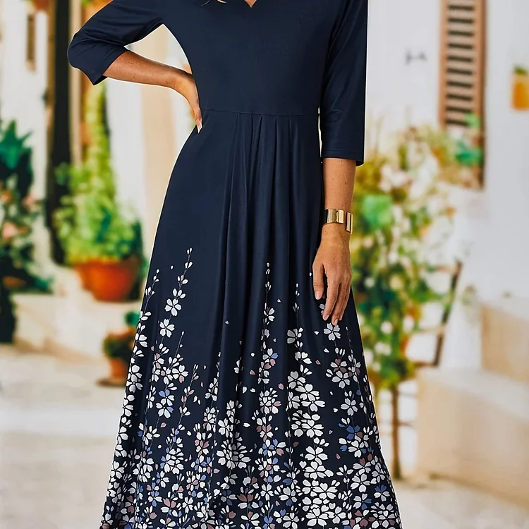 Floral Swing V Neck Half Sleeve High Waist Maxi Dress, Casual Loose Bohemian Holiday Dress, Women's Clothing