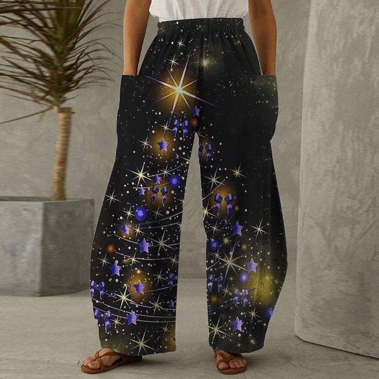 Christmas Trees Stars Print Black Sports Pants