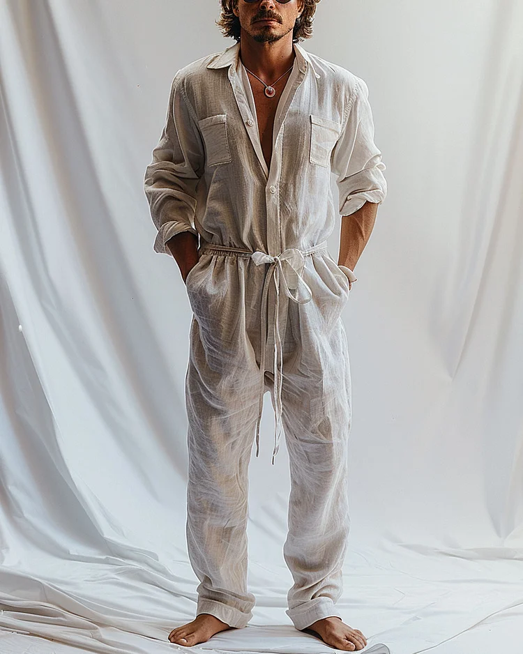 Men's Casual Linen Pocket Long Sleeve Jumpsuit