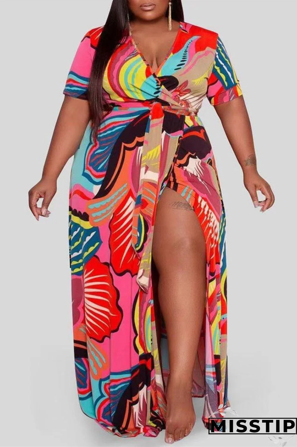 Red Fashion Casual Plus Size Print Slit V Neck Short Sleeve Dress