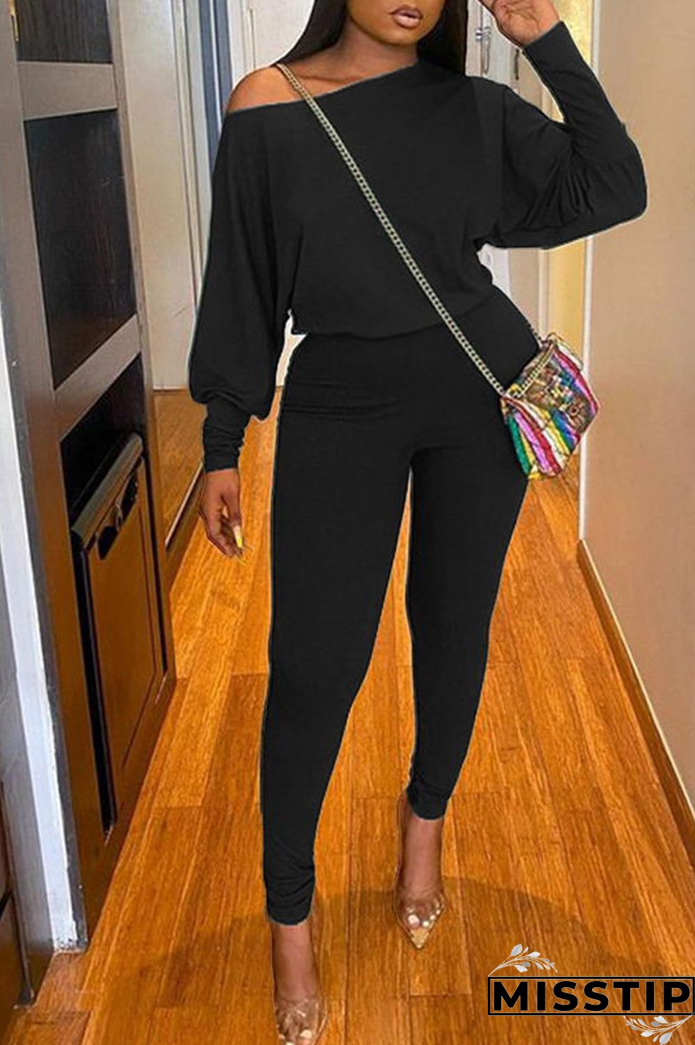 Black Casual Solid Patchwork O Neck Long Sleeve Two Pieces