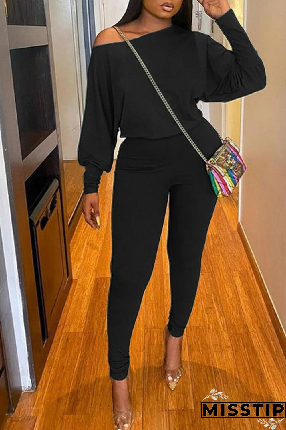 Black Casual Solid Patchwork O Neck Long Sleeve Two Pieces