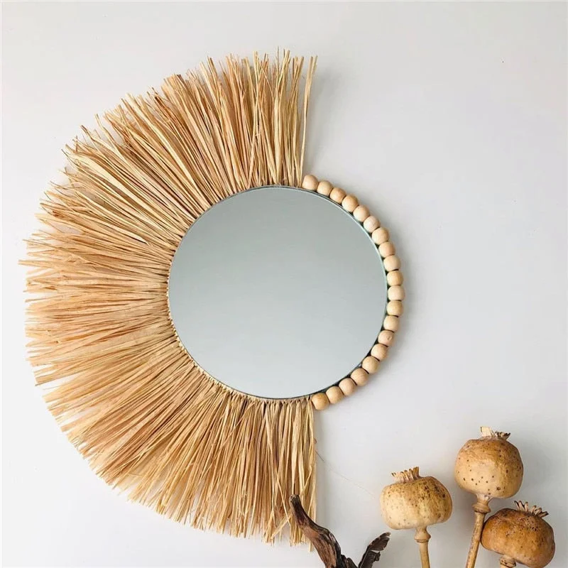 INS Moroccan Wood Bead Straw Woven Mirror Wall Ornaments Living Room Background Bedroom Mirrors Boho Homestay Home Decor Crafts