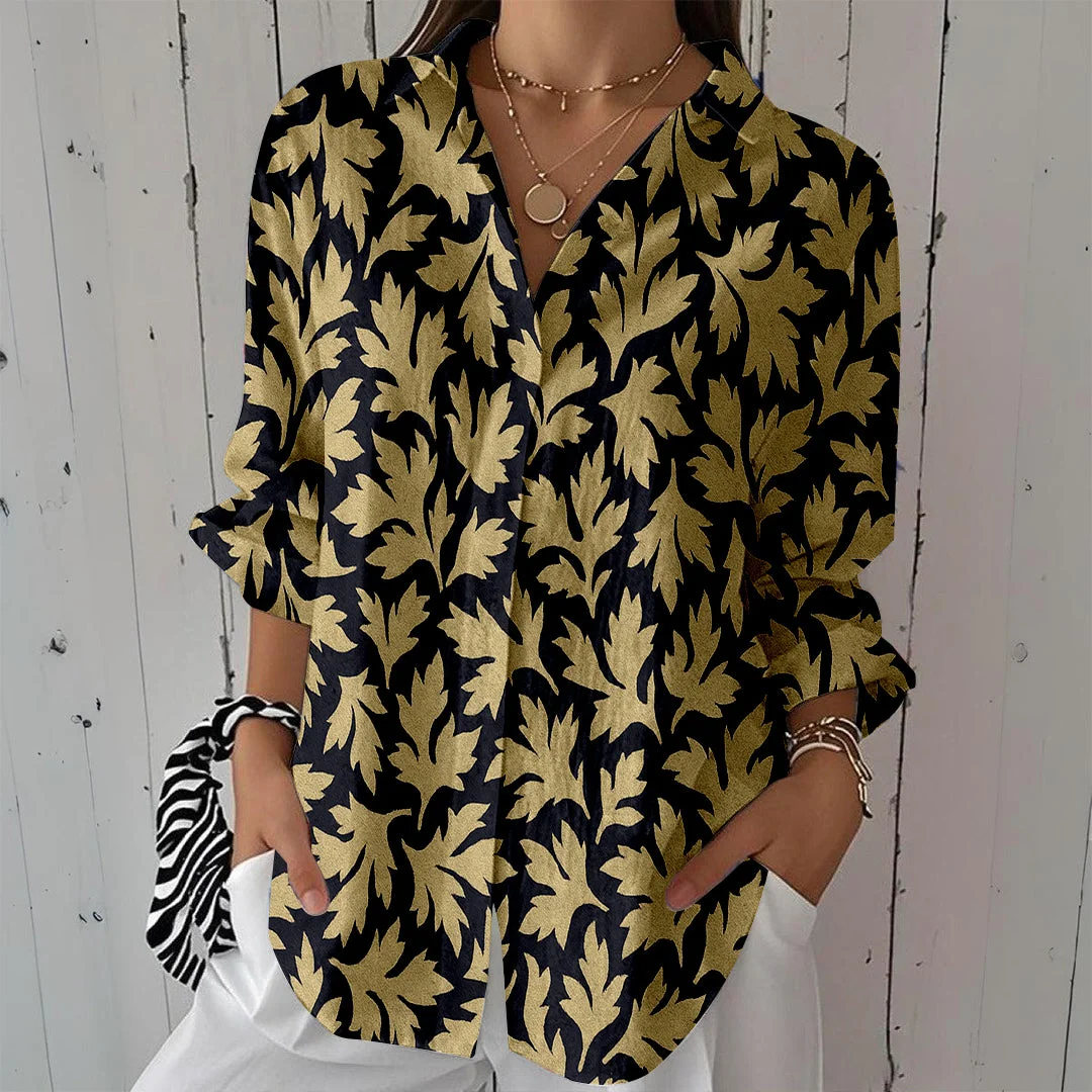 Style & Comfort for Mature Women Women Floral, Khaki, Black DZCL0213 3/4 Sleeve Shirt Collar Printed Button Tops