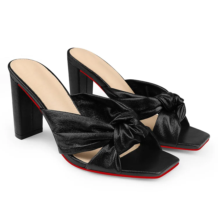 85mm Women's Chunky Heeled Mules Bow Knot Square Toe Sandals Summer Evening Party  Red Bottom Shoes Vocosi VOCOSI