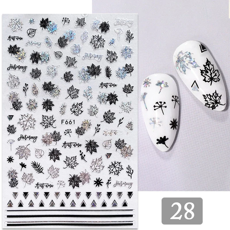 1PC Gold Black Bronzing Leaves Tree 3D Nail Sticker Iridescent Geometrics Lines Adhesive Transfer Sticker DIY Nail Decoration-Nail Inspo