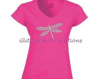 Pornhint Dragonfly TShirt, Rhinestone Dragonfly Shirt, Womens Rhinestone Shirt, womens dragonfly shirt, ladies v neck shirt,  Crystal Shirt,