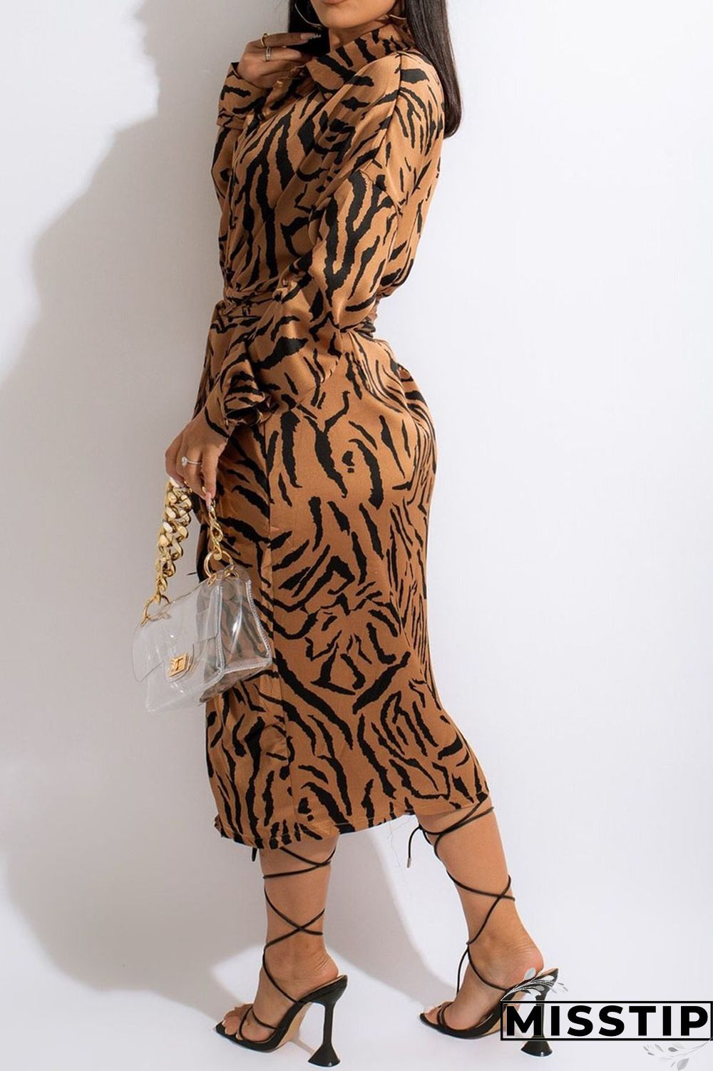 Apricot Casual Print Patchwork Buckle With Belt Turndown Collar Shirt Dress Dresses