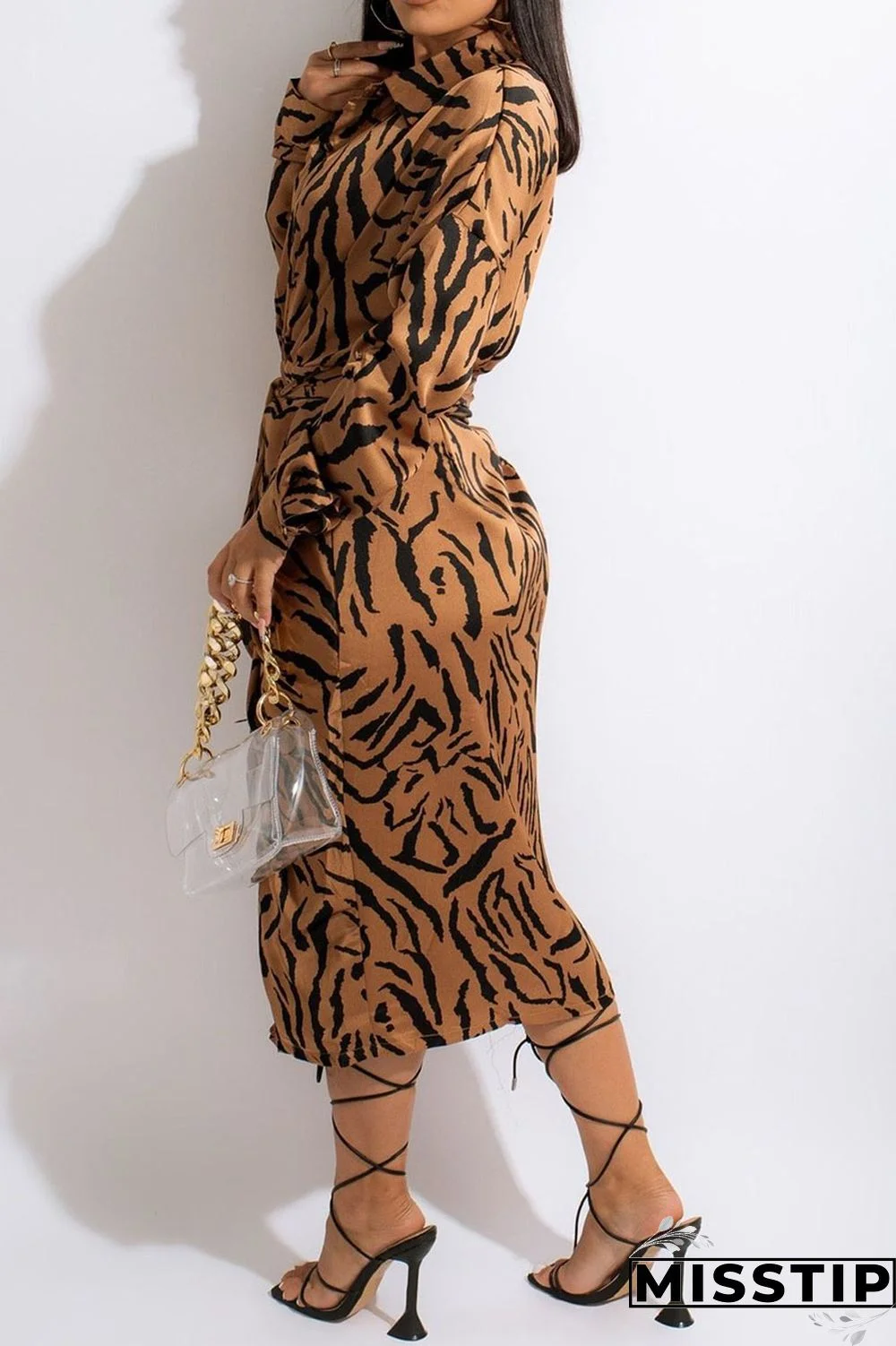 Apricot Casual Print Patchwork Buckle With Belt Turndown Collar Shirt Dress Dresses