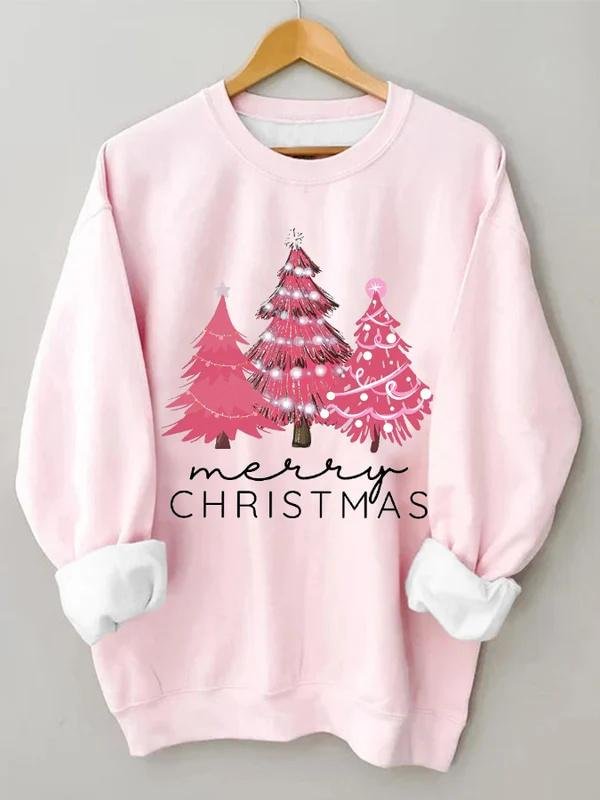 Women's Merry Christmas Pink Christmas Tree Print Casual Sweatshirt