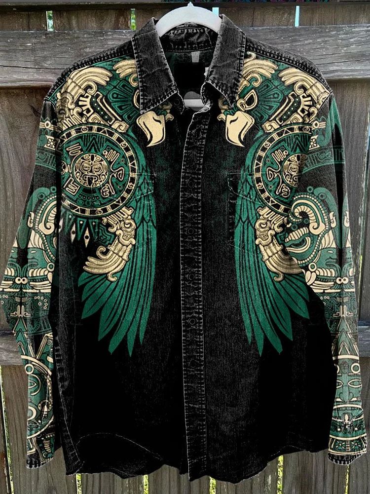 Men's Cyan and Black Aztec Patterns Stripes Vintage Stripe Print Casual Shirt