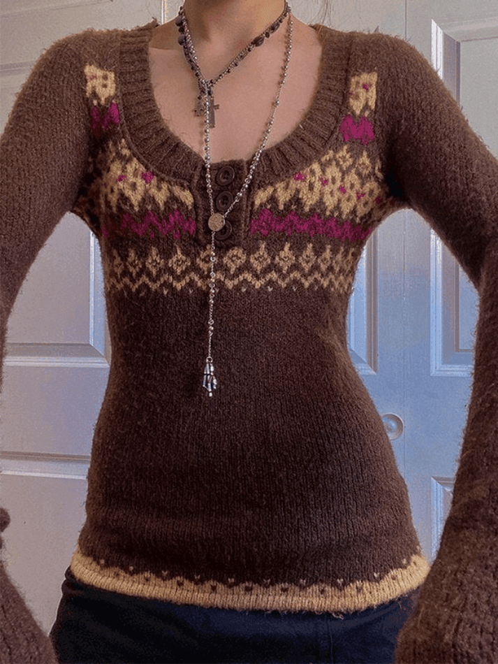 Brownm Button Front Jacquard Knitted Sweater