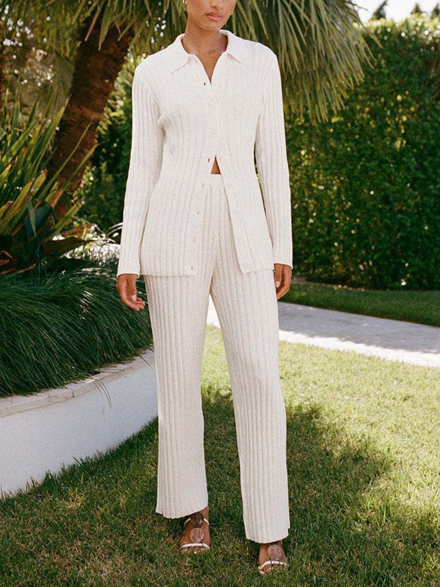Turndown Collar Long Sleeve Solid Color Straight Pants Sets