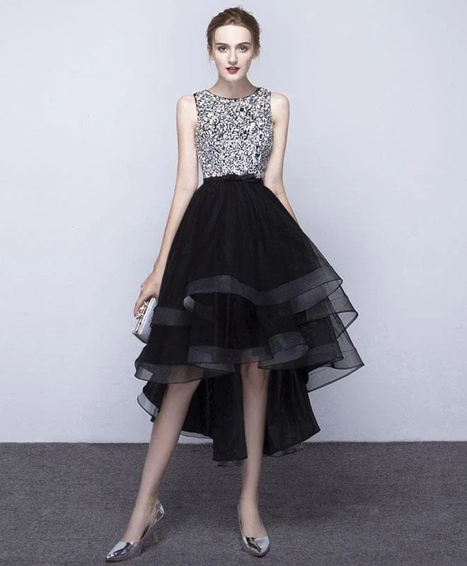 Cute Black Tulle Sequin Prom Dress, Black Homecoming Dress