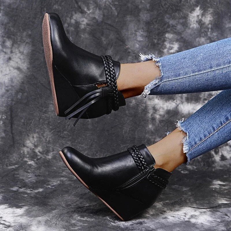 Retro Women Platform Boots Tassel Wedges Boots Women Zipper Solid Color Short Booties Round Toe Shoes for Women Zapatos De Mujer