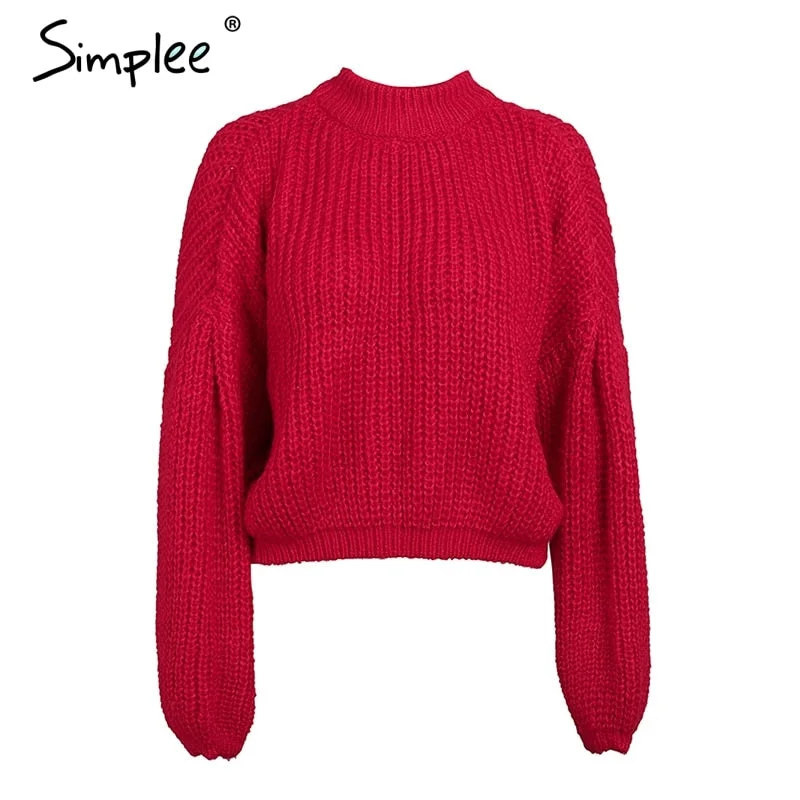 Simplee Winter lantern sleeve knitted sweater pullover Women loose O-neck solid sweater Female autumn casual sweater jumper new