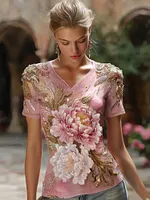 Bohème Pink Peony Sequin Embroidery V-neck Short Sleeves