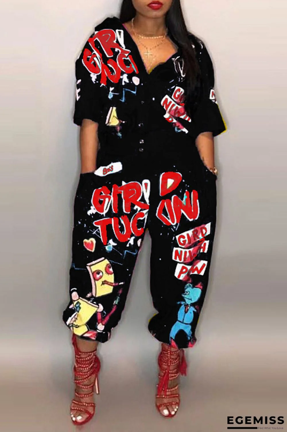 Black Euramerican Cartoon Printing One-piece Jumpsuits | EGEMISS