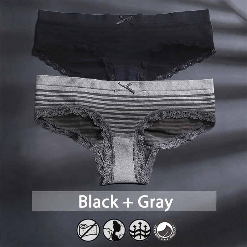 M-XXXL Plus Size Women Panties Underwear Female Lingerie Sexy Briefs Big Pantys Low Waist Lace Panties Striped Intimate 2PCS/Set