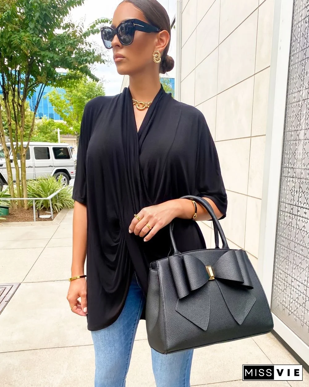 V Neck Half Sleeve Casual Loose Ruched Blouse Shirts