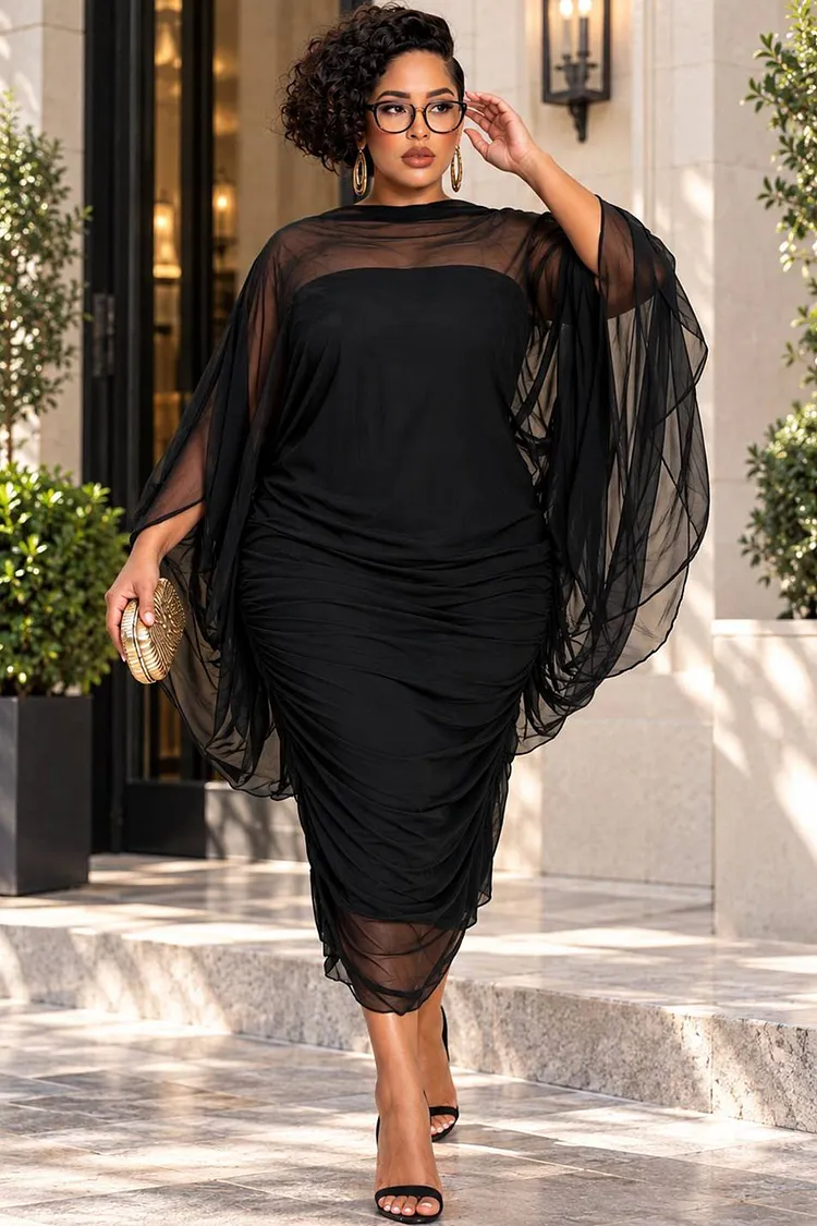 Xpluswear Design Plus Size Cocktail Party Black Round Neck 3/4 Sleeve See Through Fold Tulle Midi Dresses [Pre-Order] 2024 - Xpluswear
