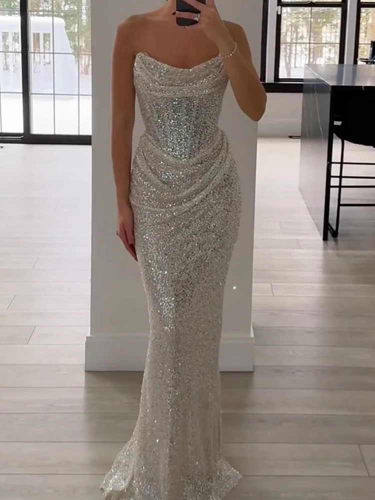 Sleeveless Spaghetti-Neck Shiny Sequinned Mesh Mermaid Maxi Dresses Party Dresses